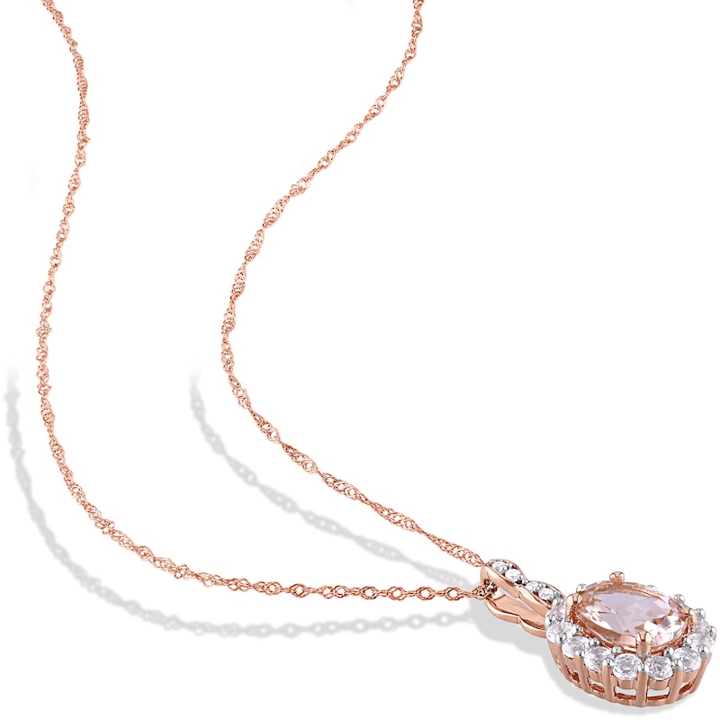 Oval Morganite, White Topaz, and 0.065 CT. T.W. Diamond Frame Pendant and Drop Earrings Set in 14K Rose Gold - 17"|Peoples Jewellers