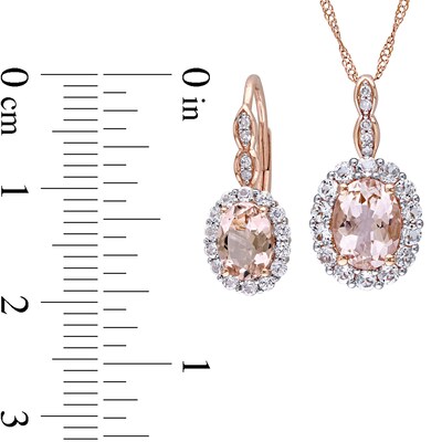 Oval Morganite, White Topaz, and 0.065 CT. T.W. Diamond Frame Pendant and Drop Earrings Set in 14K Rose Gold - 17"