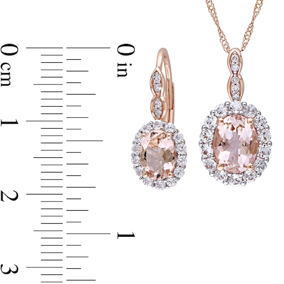 Oval Morganite, White Topaz, and 0.065 CT. T.W. Diamond Frame Pendant and Drop Earrings Set in 14K Rose Gold - 17"