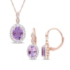 Oval Amethyst, White Topaz, and 0.065 CT. T.W. Diamond Frame Pendant and Drop Earrings Set in 14K Rose Gold - 17"