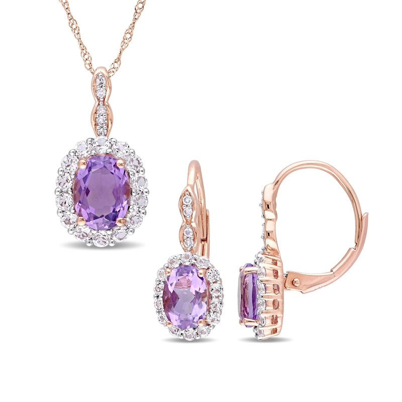Oval Amethyst, White Topaz, and 0.065 CT. T.W. Diamond Frame Pendant and Drop Earrings Set in 14K Rose Gold - 17"|Peoples Jewellers