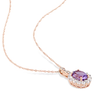 Oval Amethyst, White Topaz, and 0.065 CT. T.W. Diamond Frame Pendant and Drop Earrings Set in 14K Rose Gold - 17"