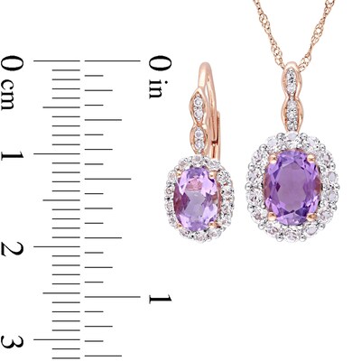 Oval Amethyst, White Topaz, and 0.065 CT. T.W. Diamond Frame Pendant and Drop Earrings Set in 14K Rose Gold - 17"