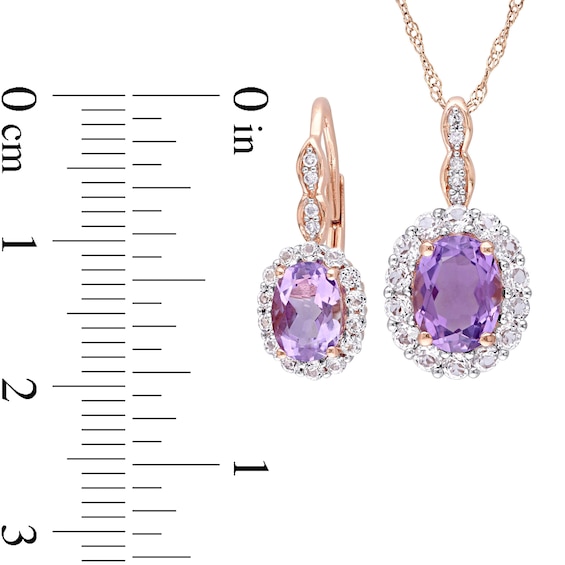 Oval Amethyst, White Topaz, and 0.065 CT. T.W. Diamond Frame Pendant and Drop Earrings Set in 14K Rose Gold - 17"