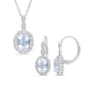 Thumbnail Image 0 of Oval Aquamarine, White Topaz, and 0.065 CT. T.W. Diamond Frame Pendant and Drop Earrings Set in 14K White Gold - 17"