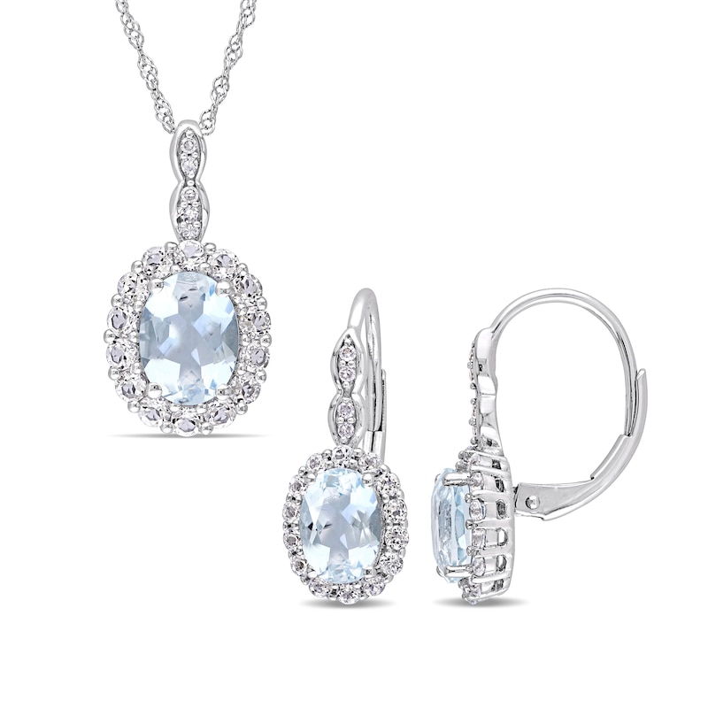 Oval Aquamarine, White Topaz, and 0.065 CT. T.W. Diamond Frame Pendant and Drop Earrings Set in 14K White Gold - 17"|Peoples Jewellers