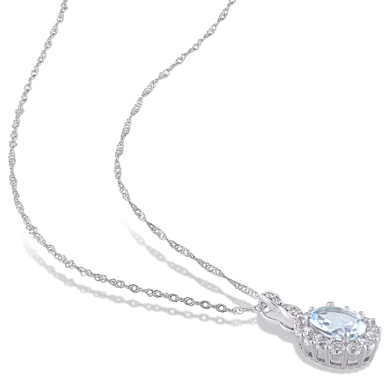 Oval Aquamarine, White Topaz, and 0.065 CT. T.W. Diamond Frame Pendant and Drop Earrings Set in 14K White Gold - 17"