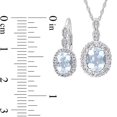 Oval Aquamarine, White Topaz, and 0.065 CT. T.W. Diamond Frame Pendant and Drop Earrings Set in 14K White Gold - 17"