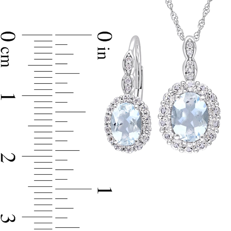 Oval Aquamarine, White Topaz, and 0.065 CT. T.W. Diamond Frame Pendant and Drop Earrings Set in 14K White Gold - 17"|Peoples Jewellers