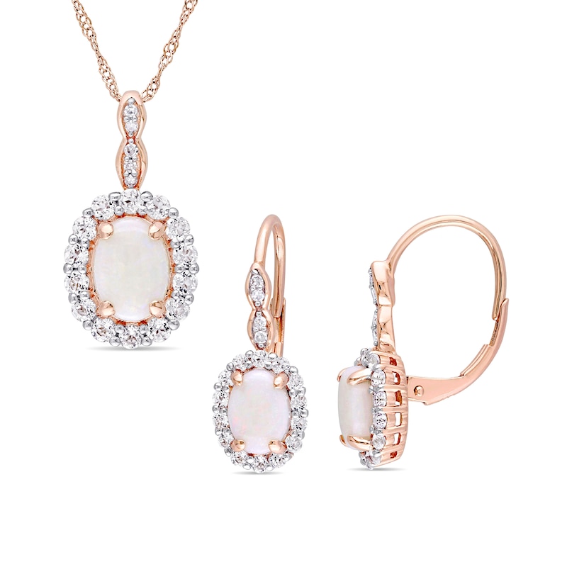 Oval Opal, White Topaz, and 0.065 CT. T.W. Diamond Frame Pendant and Drop Earrings Set in 14K Rose Gold - 17"