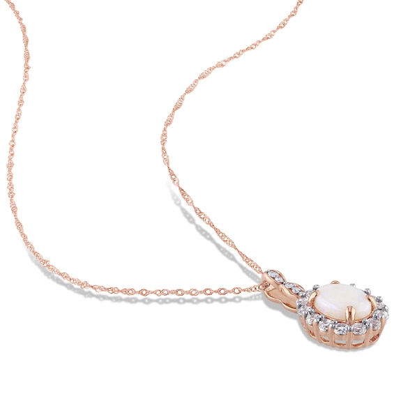 Oval Opal, White Topaz, and 0.065 CT. T.W. Diamond Frame Pendant and Drop Earrings Set in 14K Rose Gold - 17"