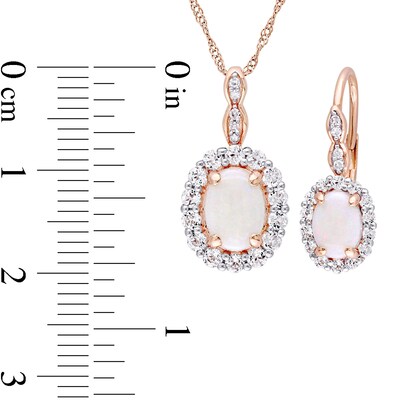 Oval Opal, White Topaz, and 0.065 CT. T.W. Diamond Frame Pendant and Drop Earrings Set in 14K Rose Gold - 17"