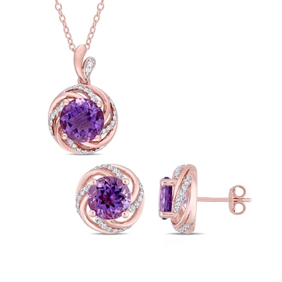 Amethyst, White Topaz, and Diamond Accent Frame Pendant and Stud Earrings Set in Sterling Silver with Rose Flash Plate