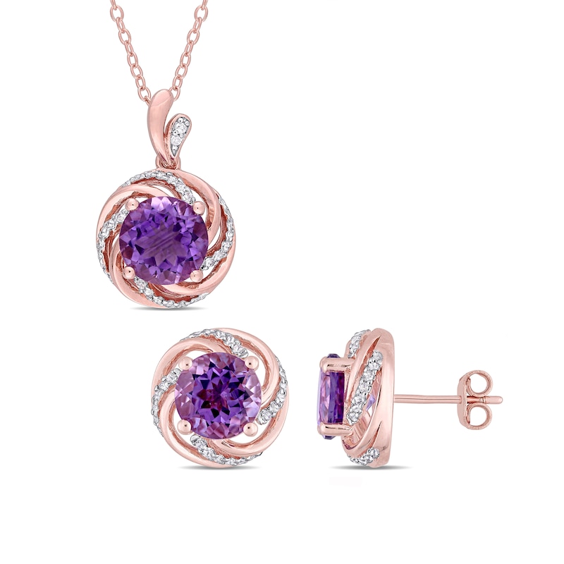 Amethyst, White Topaz, and Diamond Accent Frame Pendant and Stud Earrings Set in Sterling Silver with Rose Flash Plate|Peoples Jewellers
