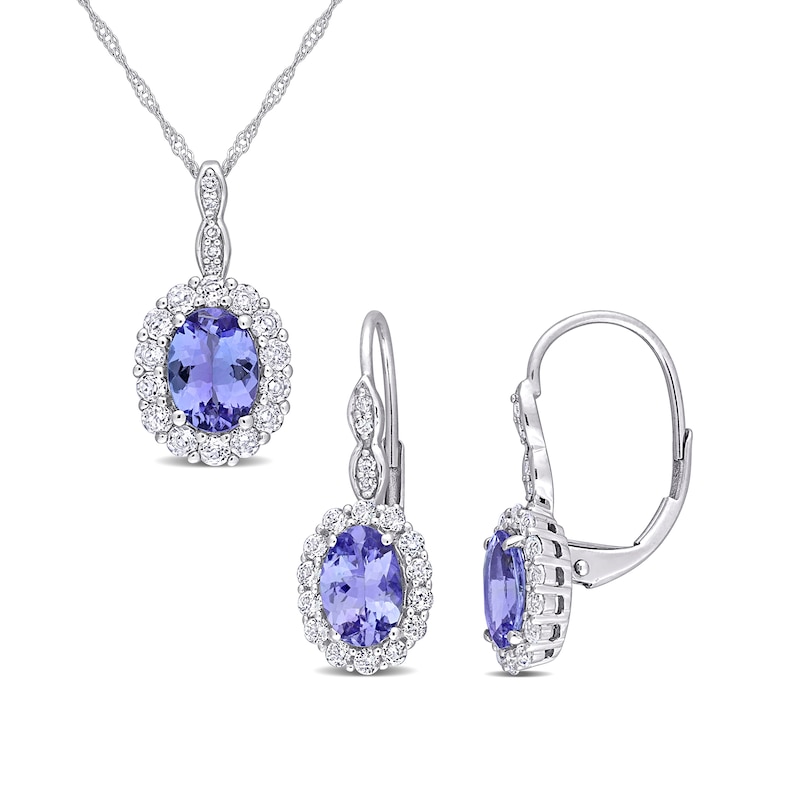 Oval Tanzanite, White Topaz, and 0.065 CT. T.W. Diamond Frame Pendant and Drop Earrings Set in 14K White Gold - 17"|Peoples Jewellers