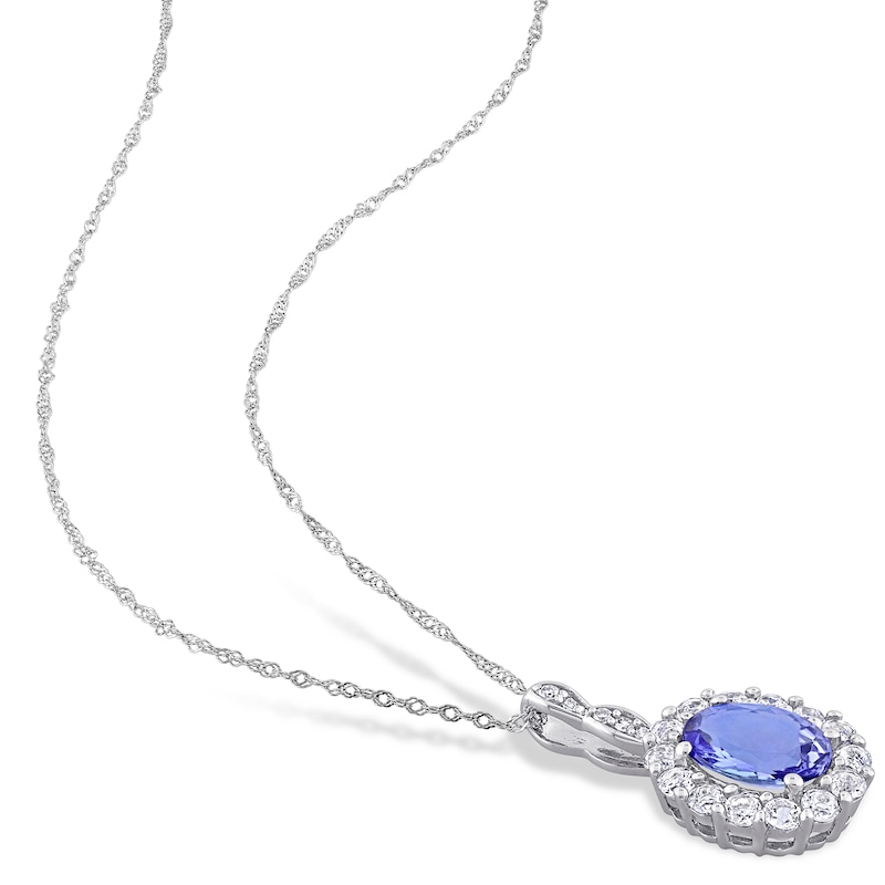 Oval Tanzanite, White Topaz, and 0.065 CT. T.W. Diamond Frame Pendant and Drop Earrings Set in 14K White Gold - 17"