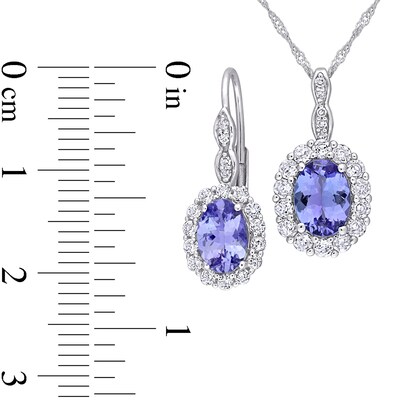 Oval Tanzanite, White Topaz, and 0.065 CT. T.W. Diamond Frame Pendant and Drop Earrings Set in 14K White Gold - 17"