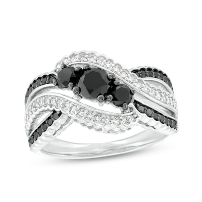 1.18 CT. T.W. Black and White Diamond Three Stone Bypass Engagement Ring in 10K White Gold