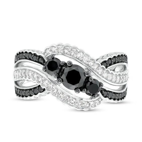 1.18 CT. T.W. Black and White Diamond Three Stone Bypass Engagement Ring in 10K White Gold