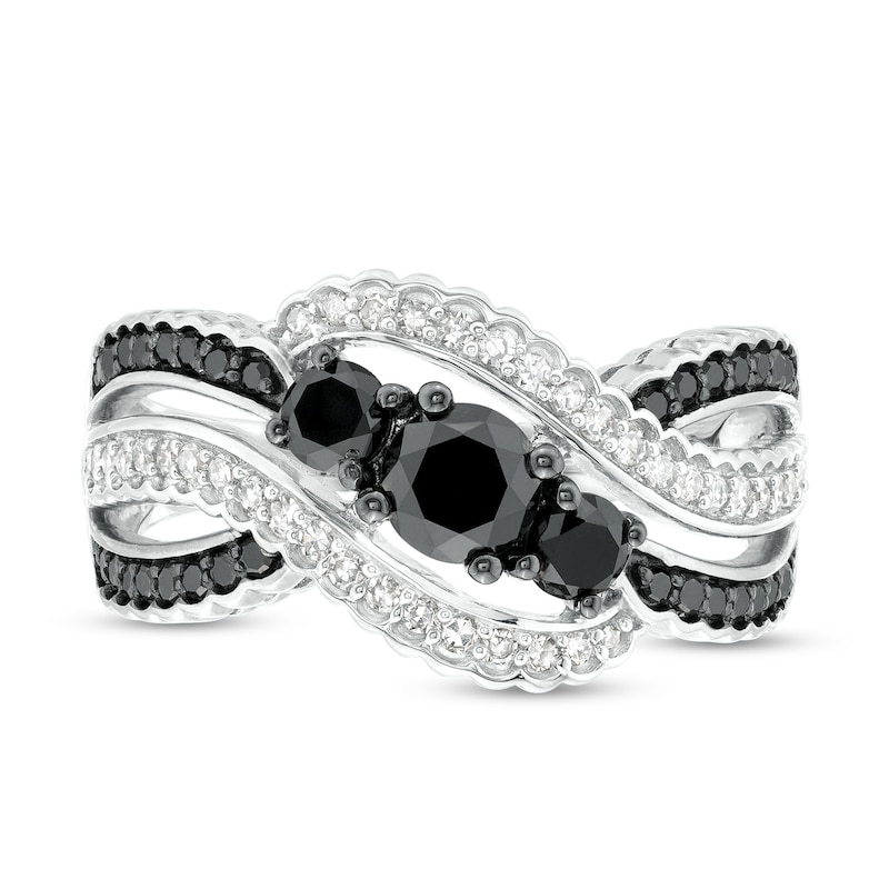 1.18 CT. T.W. Black and White Diamond Three Stone Bypass Engagement Ring in 10K White Gold