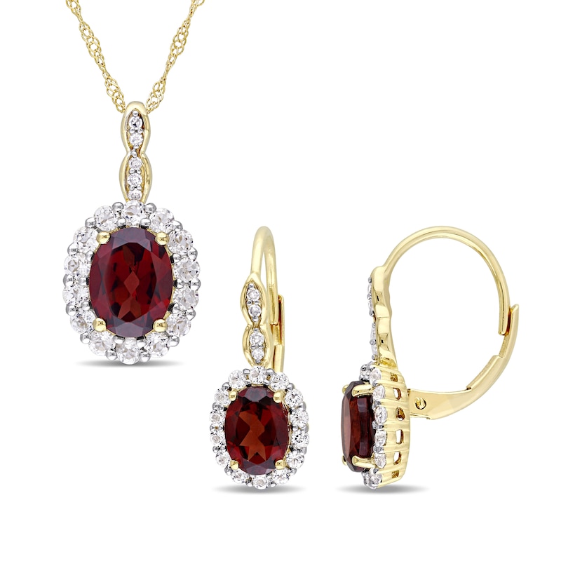 Oval Garnet, White Topaz, and 0.065 CT. T.W. Diamond Frame Pendant and Drop Earrings Set in 14K Gold - 17"|Peoples Jewellers