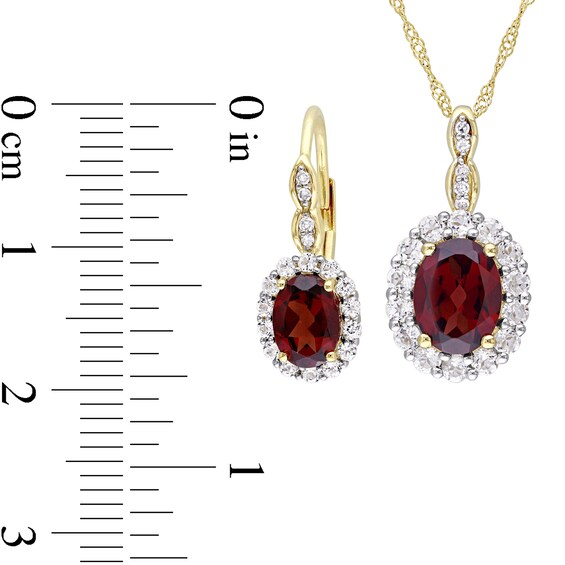 Oval Garnet, White Topaz, and 0.065 CT. T.W. Diamond Frame Pendant and Drop Earrings Set in 14K Gold - 17"