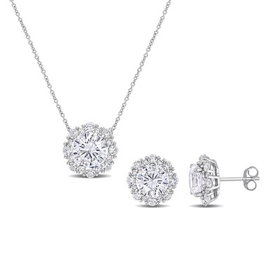 9.0mm White Lab-Created Sapphire Patterned Frame Necklace and Stud Earrings Set in 10K White Gold - 17"