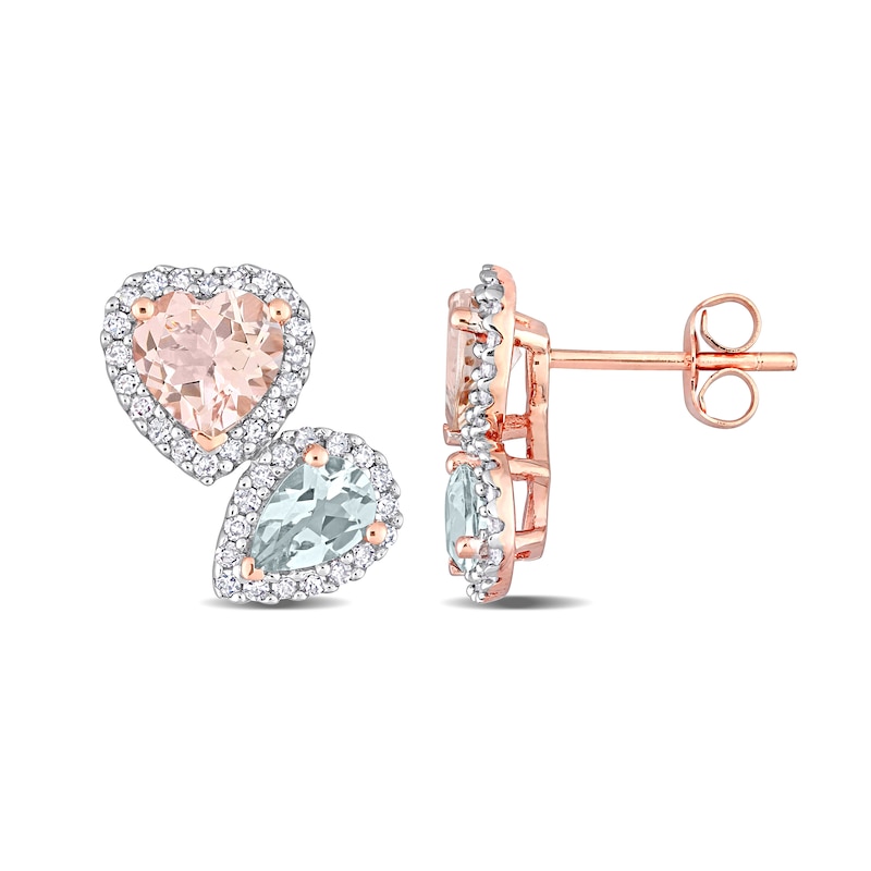 Heart-Shaped Morganite, Pear-Shaped Aquamarine, and 0.37 CT. T.W. Diamond Frame Stud Earrings in 10K Rose Gold|Peoples Jewellers