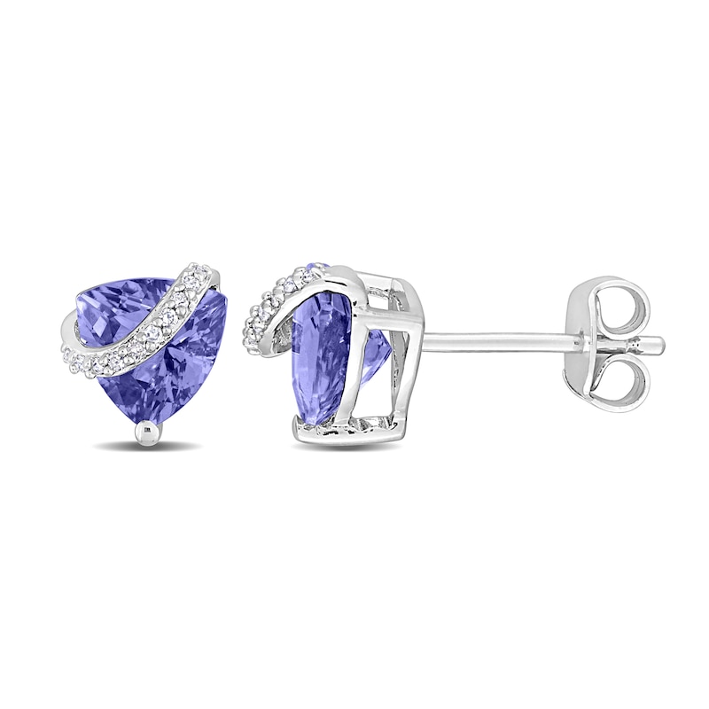 7.0mm Trillion-Cut Tanzanite and 0.06 CT. T.W. Diamond Ribbon Stud Earrings in Sterling Silver|Peoples Jewellers
