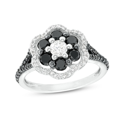 1.25 CT. T.W. Black and White Diamond Double Frame Split Shank Engagement Ring in 10K White Gold