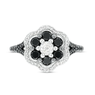 1.25 CT. T.W. Black and White Diamond Double Frame Split Shank Engagement Ring in 10K White Gold