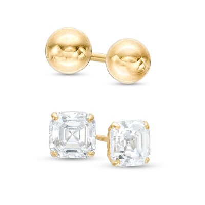 6.0mm Asscher-Cut Cubic Zirconia and 4.0mm Ball Stud Earrings Set in 14K Gold