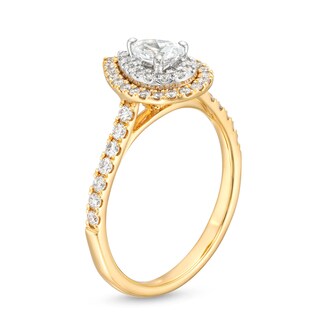 0.83 CT. T.W. Certified Pear-Shaped Double Frame Engagement Ring in 14K Two-Tone Gold (F/SI2)