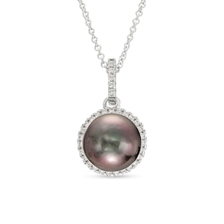 Black Tahitian Cultured Pearl and Diamond Accent Frame Pendant in 14K White Gold