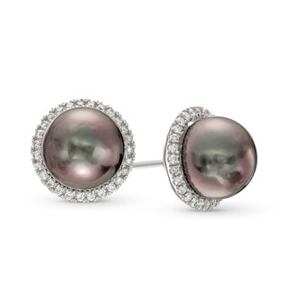 Black Tahitian Cultured Pearl and 0.25 CT. T.W. Diamond Frame Stud Earrings in 14K White Gold