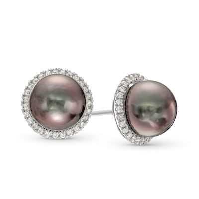 Black Tahitian Cultured Pearl and 0.25 CT. T.W. Diamond Frame Stud Earrings in 14K White Gold