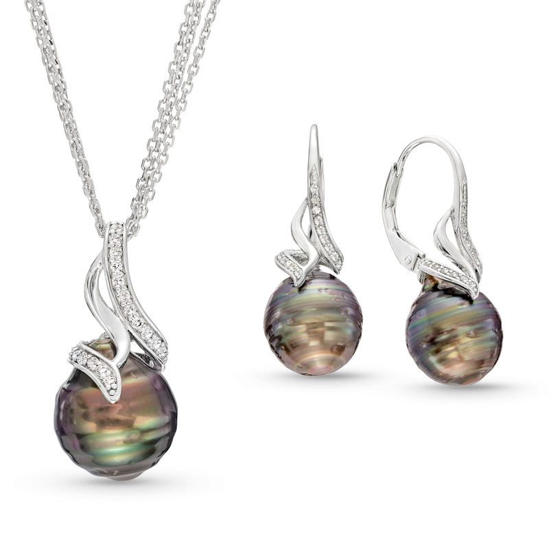 Baroque Black Tahitian Cultured Pearl and White Topaz Flame Pendant and Drop Earrings Set in Sterling Silver-20"|Peoples Jewellers