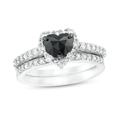 1.02 CT. T.W. Heart-Shaped Black and White Diamond Frame Bridal Set in 10K White Gold