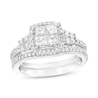 0.93 CT. T.W. Quad Princess-Cut Diamond Frame Bridal Set in 10K White Gold (H/I1)