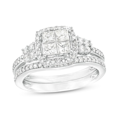 0.93 CT. T.W. Quad Princess-Cut Diamond Frame Bridal Set in 10K White Gold (H/I1)