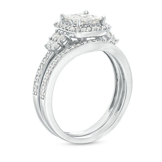 0.93 CT. T.W. Quad Princess-Cut Diamond Frame Bridal Set in 10K White Gold (H/I1)