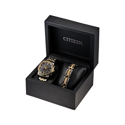 Men's Citizen Eco-Drive® Crystal Two-Tone Chronograph Watch with Black Dial and Bracelet Box Set (Model: AT2454-65E)