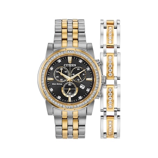 Men's Citizen Eco-Drive® Crystal Two-Tone Chronograph Watch with Black Dial and Bracelet Box Set (Model: AT2454-65E)