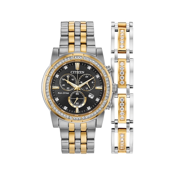 Men's Citizen Eco-Drive® Crystal Two-Tone Chronograph Watch with Black Dial and Bracelet Box Set (Model: AT2454-65E)