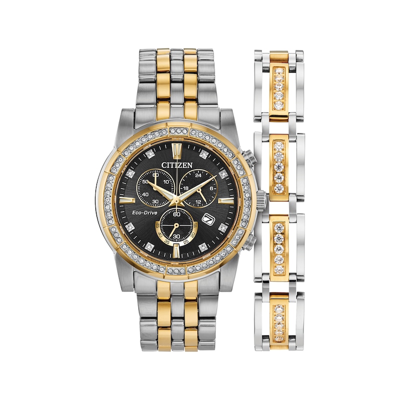 Men's Citizen Eco-Drive® Crystal Two-Tone Chronograph Watch with Black Dial and Bracelet Box Set (Model: AT2454-65E)