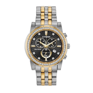 Men's Citizen Eco-Drive® Crystal Two-Tone Chronograph Watch with Black Dial and Bracelet Box Set (Model: AT2454-65E)