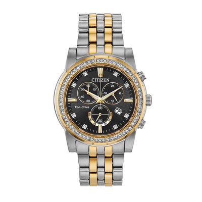 Men's Citizen Eco-Drive® Crystal Two-Tone Chronograph Watch with Black Dial and Bracelet Box Set (Model: AT2454-65E)