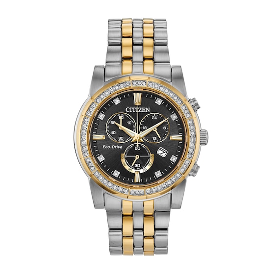 Men's Citizen Eco-Drive® Crystal Two-Tone Chronograph Watch with Black Dial and Bracelet Box Set (Model: AT2454-65E)