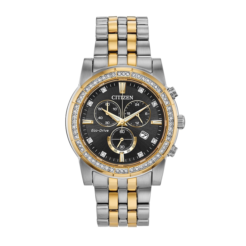 Men's Citizen Eco-Drive® Crystal Two-Tone Chronograph Watch with Black Dial and Bracelet Box Set (Model: AT2454-65E)|Peoples Jewellers