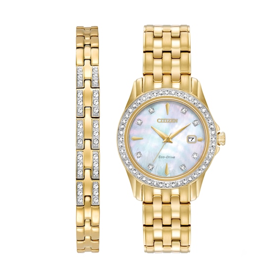 Ladies' Citizen Eco-Drive® Crystal Gold-Tone Watch with Mother-of-Pearl Dial and Bracelet Set (Model: EW1907-78D)